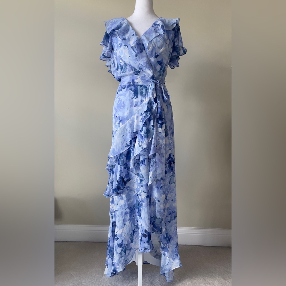 Eliza J Asymmetrical Blue Floral Ruffle Cap Sleeve Surplice V Neck Maxi Dress - Picture 5 of 11